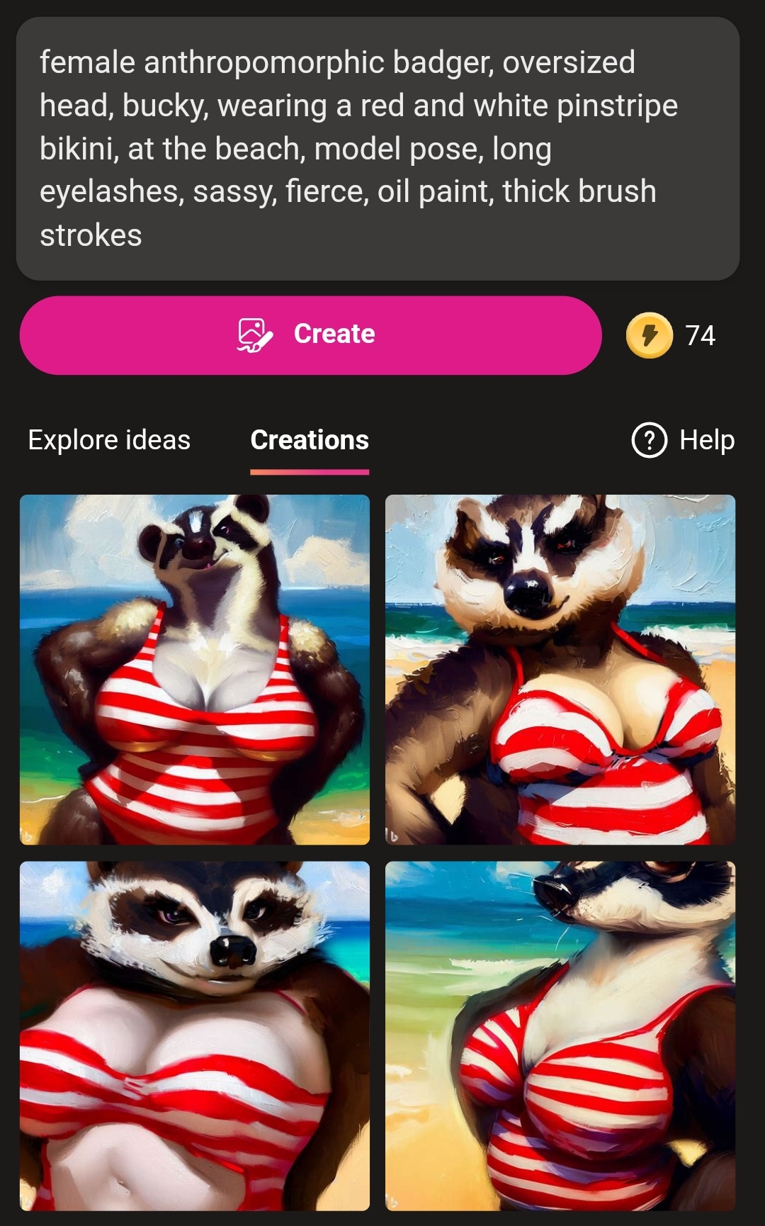 Screenshot of Bing Image Creator creating a busty version of Bucky Badger